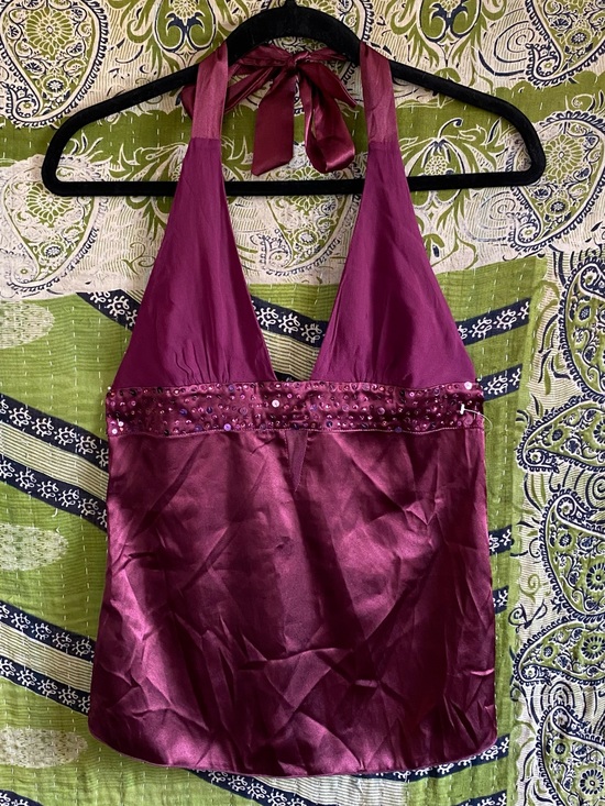 Twenty One Tops - Vintage Y2K Twenty One Plum Silk/ Satin Sequined Fairycore Halter Top Small